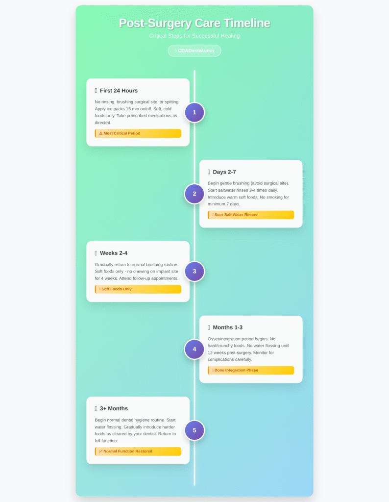 Post-surgery dental implant care timeline infographic from CDA Dental showing 5 critical healing phases. Timeline format with numbered circles connected by vertical line: 1) First 24 hours - no rinsing, brushing surgical site, or spitting, apply ice packs, soft cold foods only; 2) Days 2-7 - begin gentle brushing, start saltwater rinses, introduce warm soft foods, no smoking; 3) Weeks 2-4 - return to normal brushing, soft foods only, no chewing on implant site; 4) Months 1-3 - osseointegration period, no hard foods, no water flossing until 12 weeks; 5) 3+ months - normal hygiene routine, start water flossing, gradually introduce harder foods. Teal gradient background with white timeline design. 