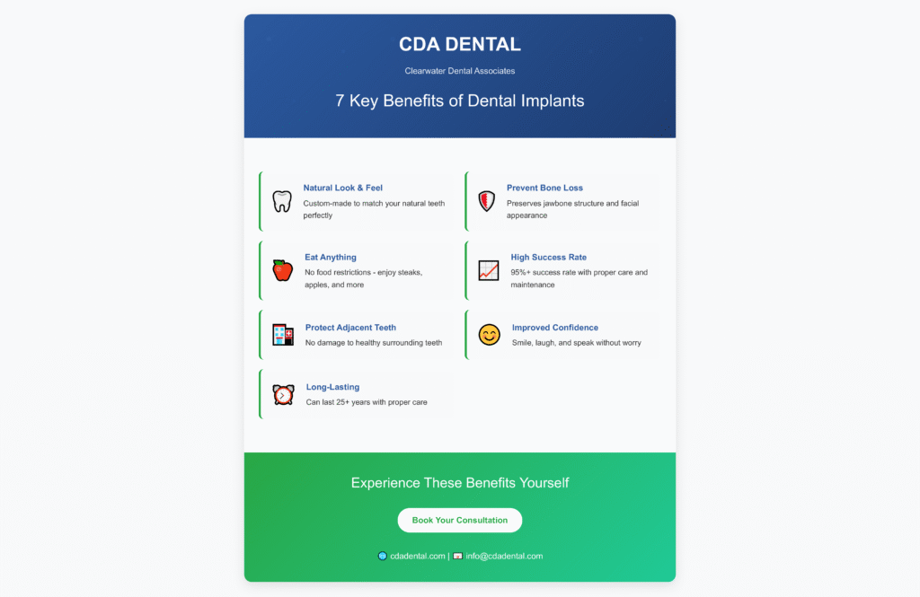 CDA Dental Clearwater infographic displaying 7 advantages of dental implants for tooth restoration including natural teeth appearance, jawbone preservation, unlimited food choices, high success rates, and long-lasting results