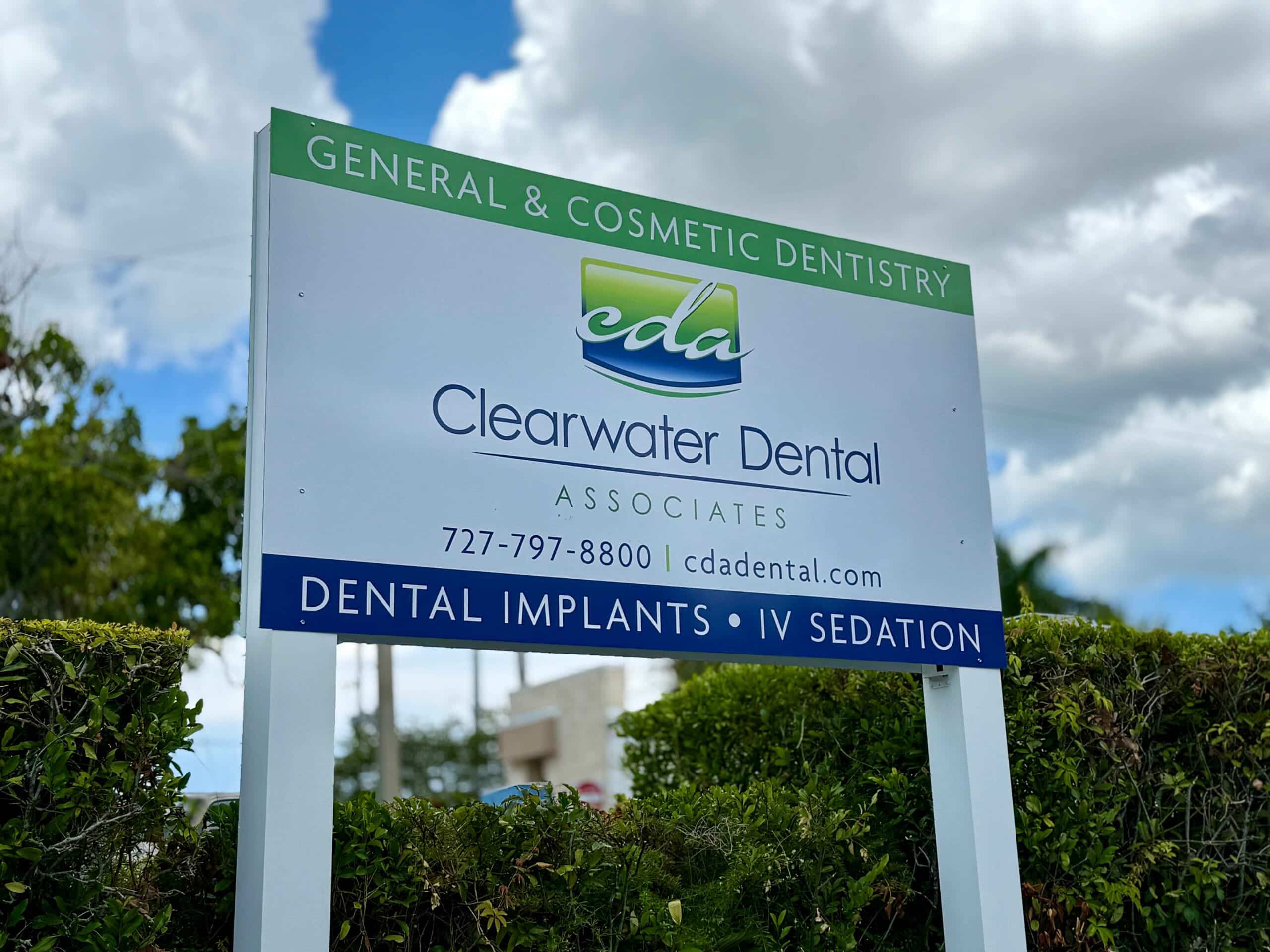 Clearwater Dental Associates sign in Clearwater, FL offering general, cosmetic dentistry, dental implants, and IV sedation
