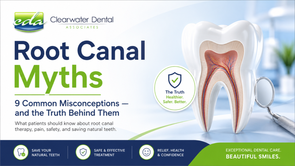 Clearwater Dental Associates feature image explaining root canal myths with a tooth illustration and dental mirror.