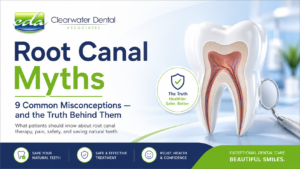 Clearwater Dental Associates feature image explaining root canal myths with a tooth illustration and dental mirror.